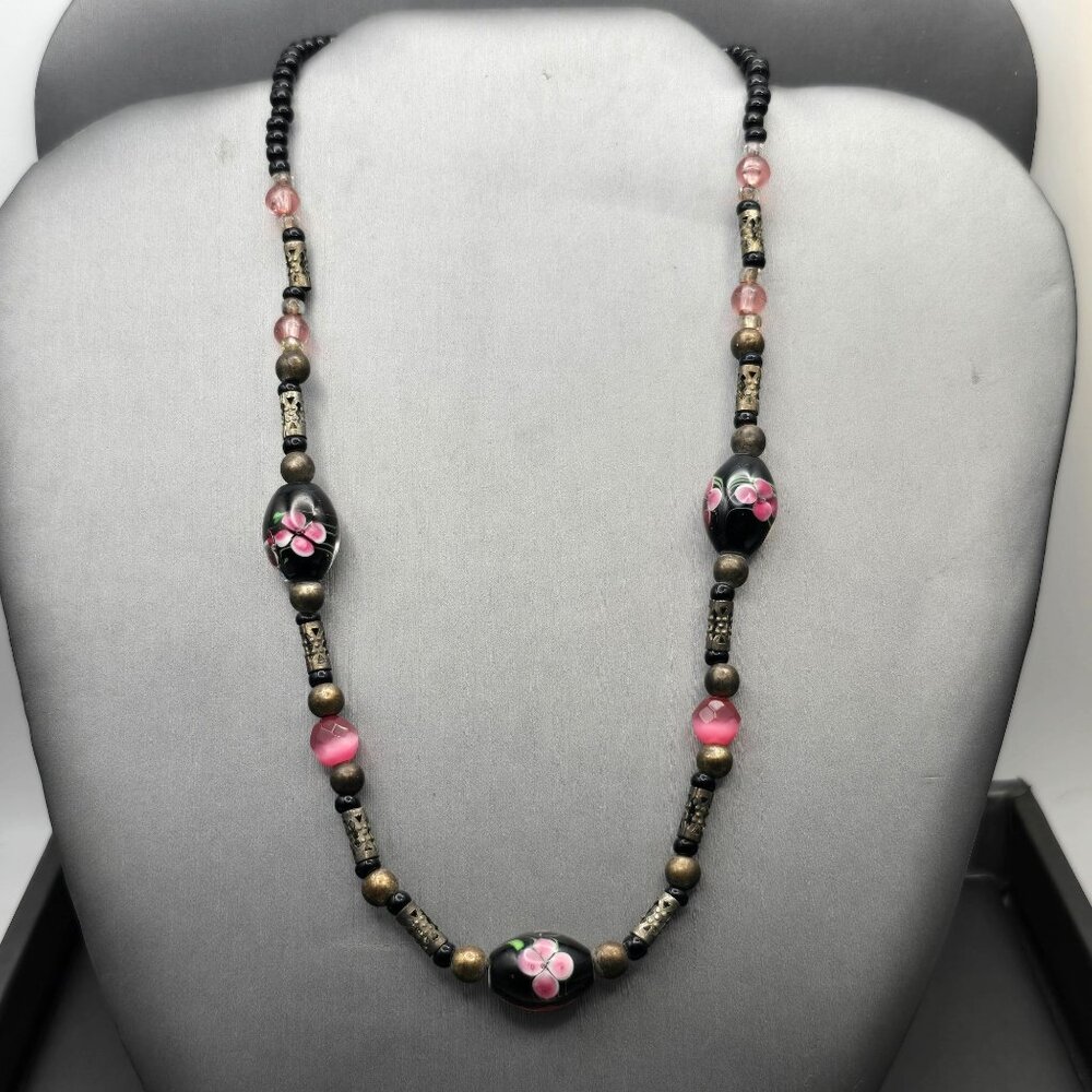 VTG Hand-Blown Lampwork Glass Bead Necklace 16" Floral Motifs Mixed Media - Picture 2 of 12